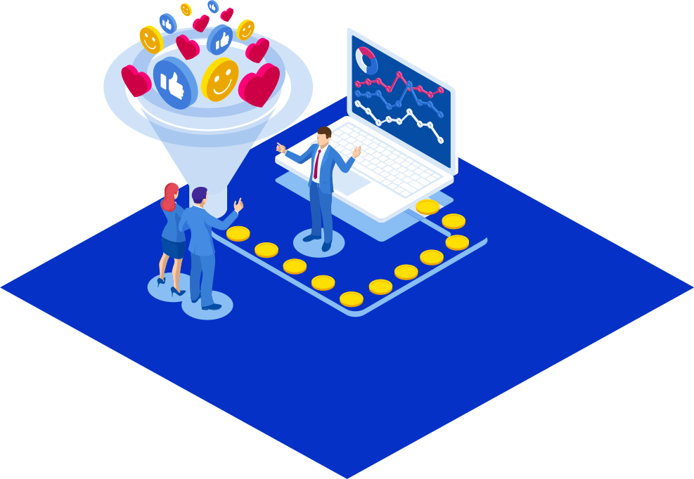Illustration of group of people with a funnel of sales